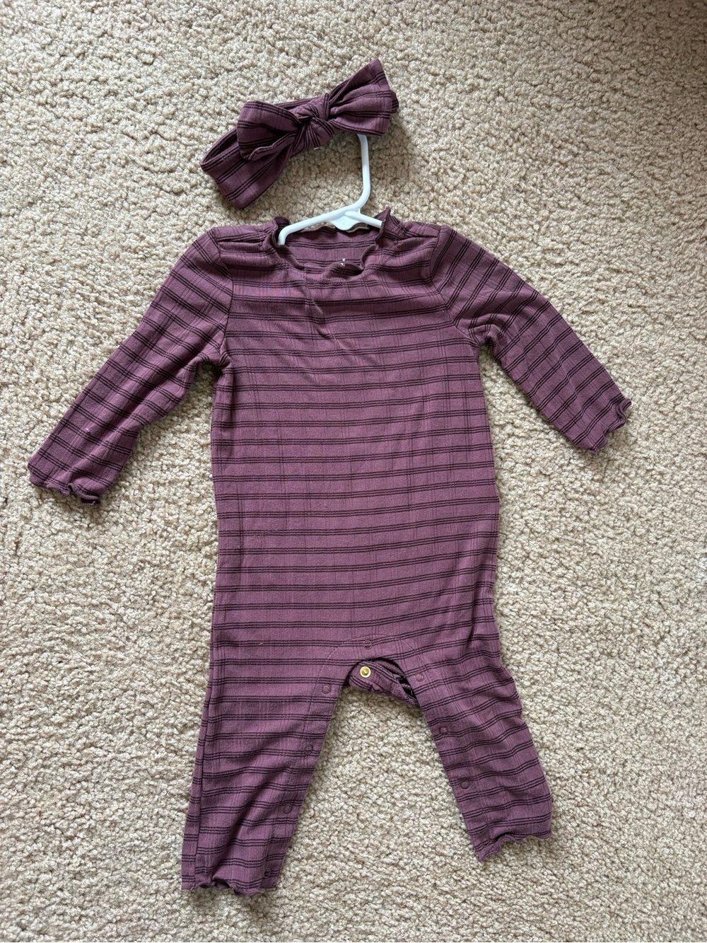 Baby Girl long-Sleeve One-Piece Romper in Plum Stripe with Headband